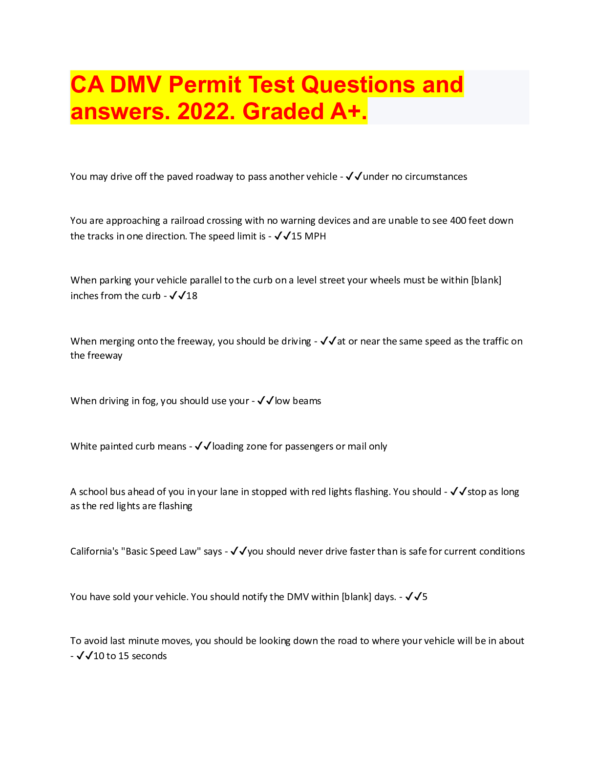 Preview image for CA DMV Permit Test Questions and answers. 2022. Graded A+.